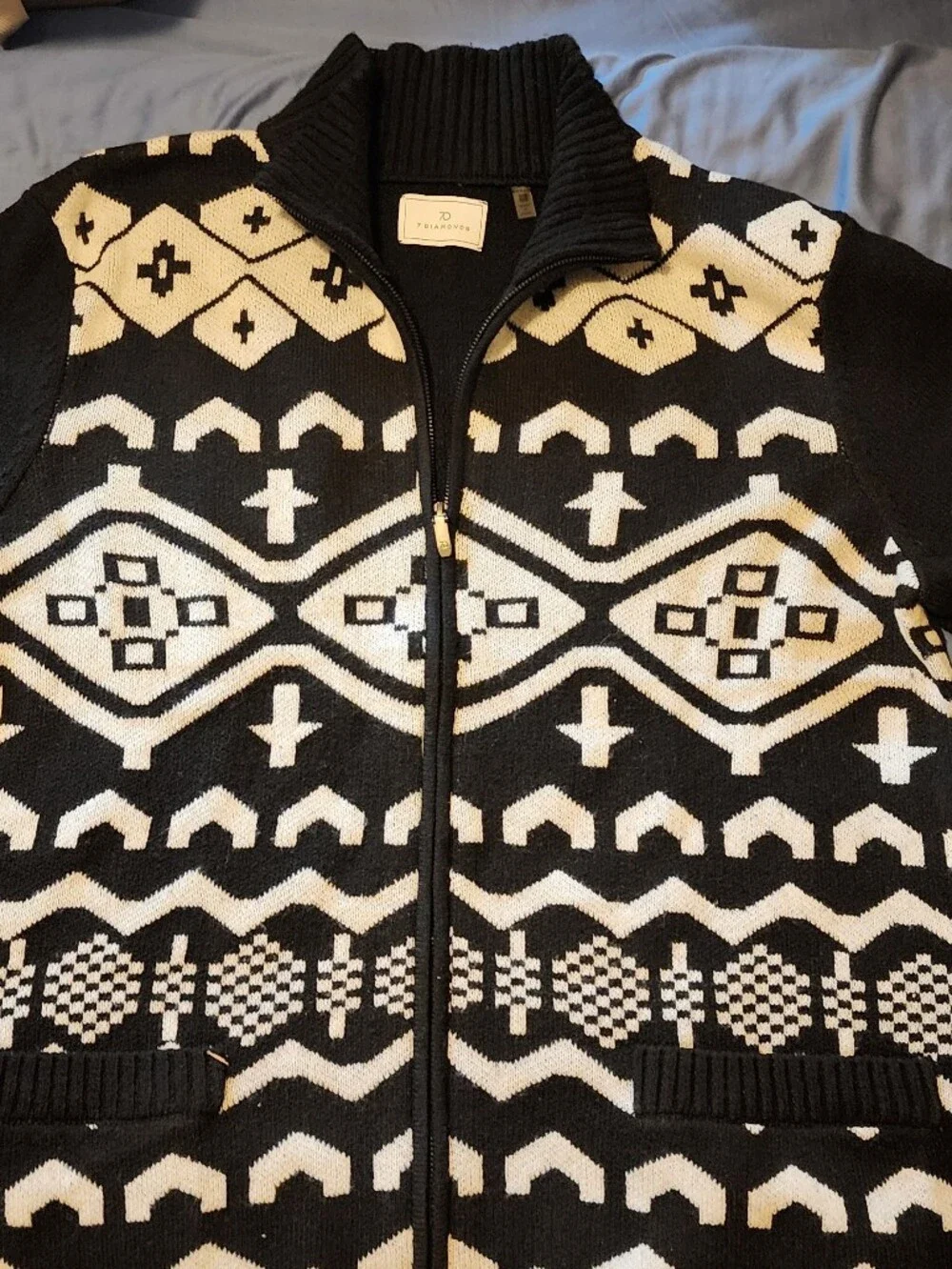 7 Diamonds Black and White Geometric Zip-Up Sweater